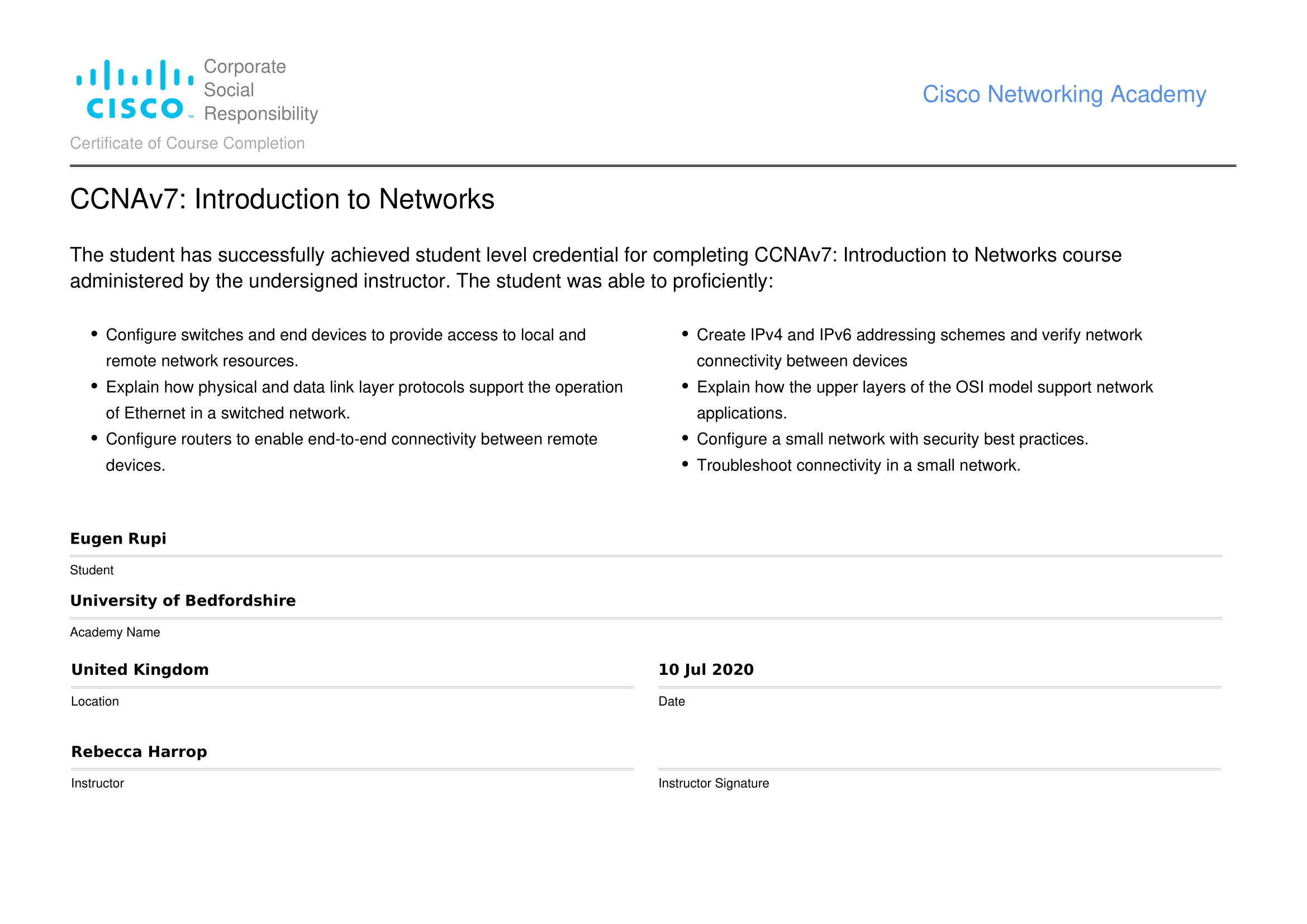 Introduction to Networks Cisco Certificate